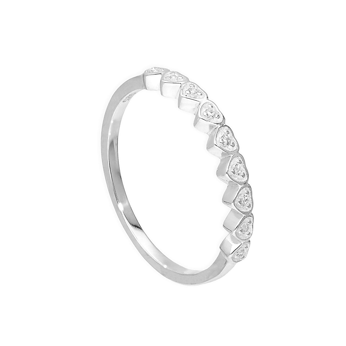 Sterling Silver & Clear CZ Crystal Hearts Half Eternity Ring Sizes H - V