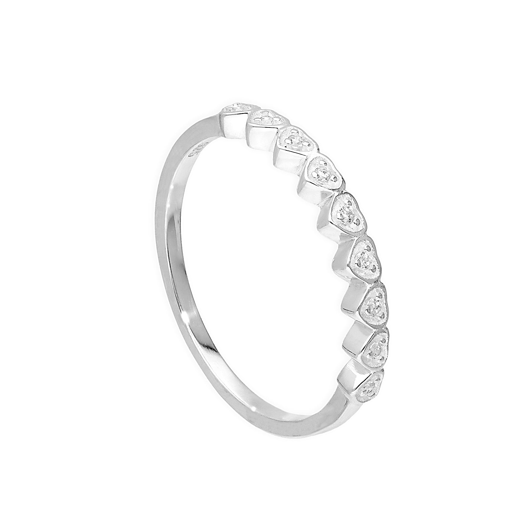Sterling Silver & Clear CZ Crystal Hearts Half Eternity Ring Sizes H - V