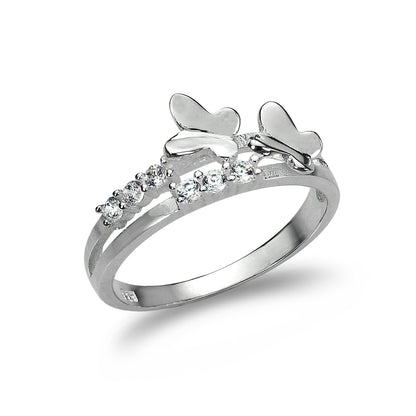 Sterling Silver Split Band Ring with CZ Crystal & Butterflies - UK Size J-W