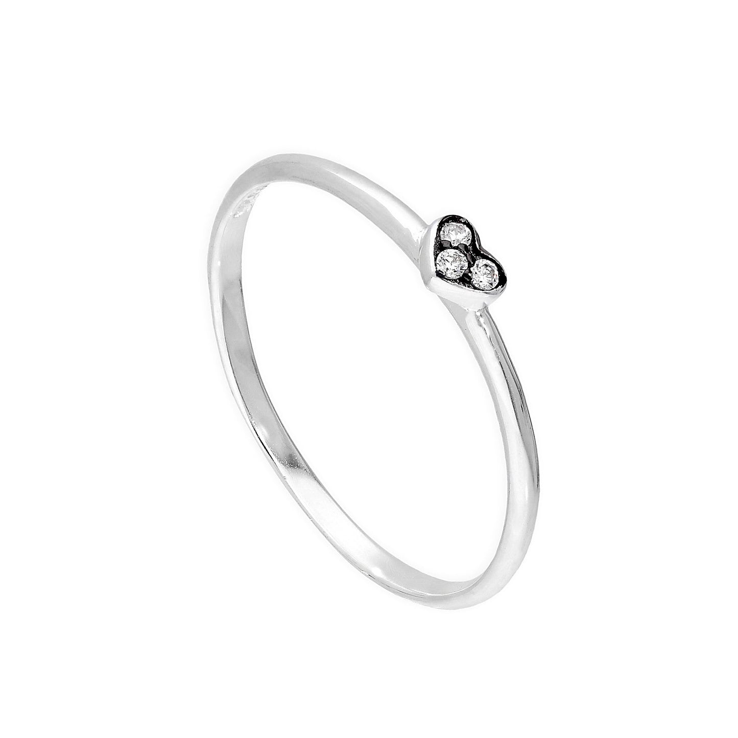 Sterling Silver & Clear CZ Crystal Heart Ring w Black Rhodium Size G - W