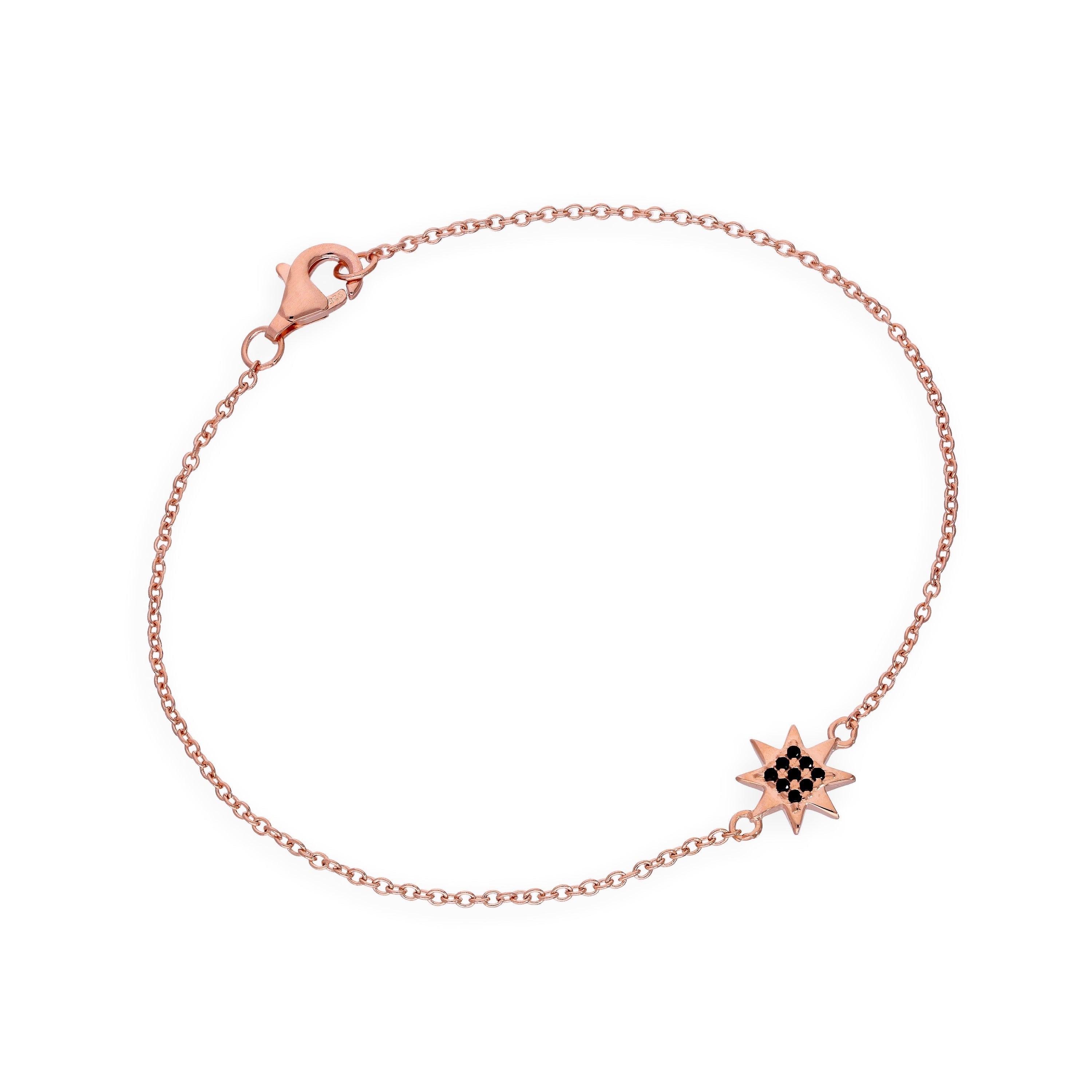Rose Gold Plated Sterling Silver & Black CZ Crystal 7 Inch Star Bracelet