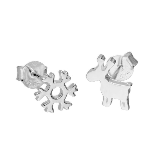 Sterling Silver Reindeer & Snowflake Stud Earrings