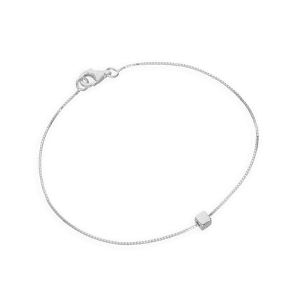 Sterling Silver 7 Inch Box Chain Bracelet w Cube Bead
