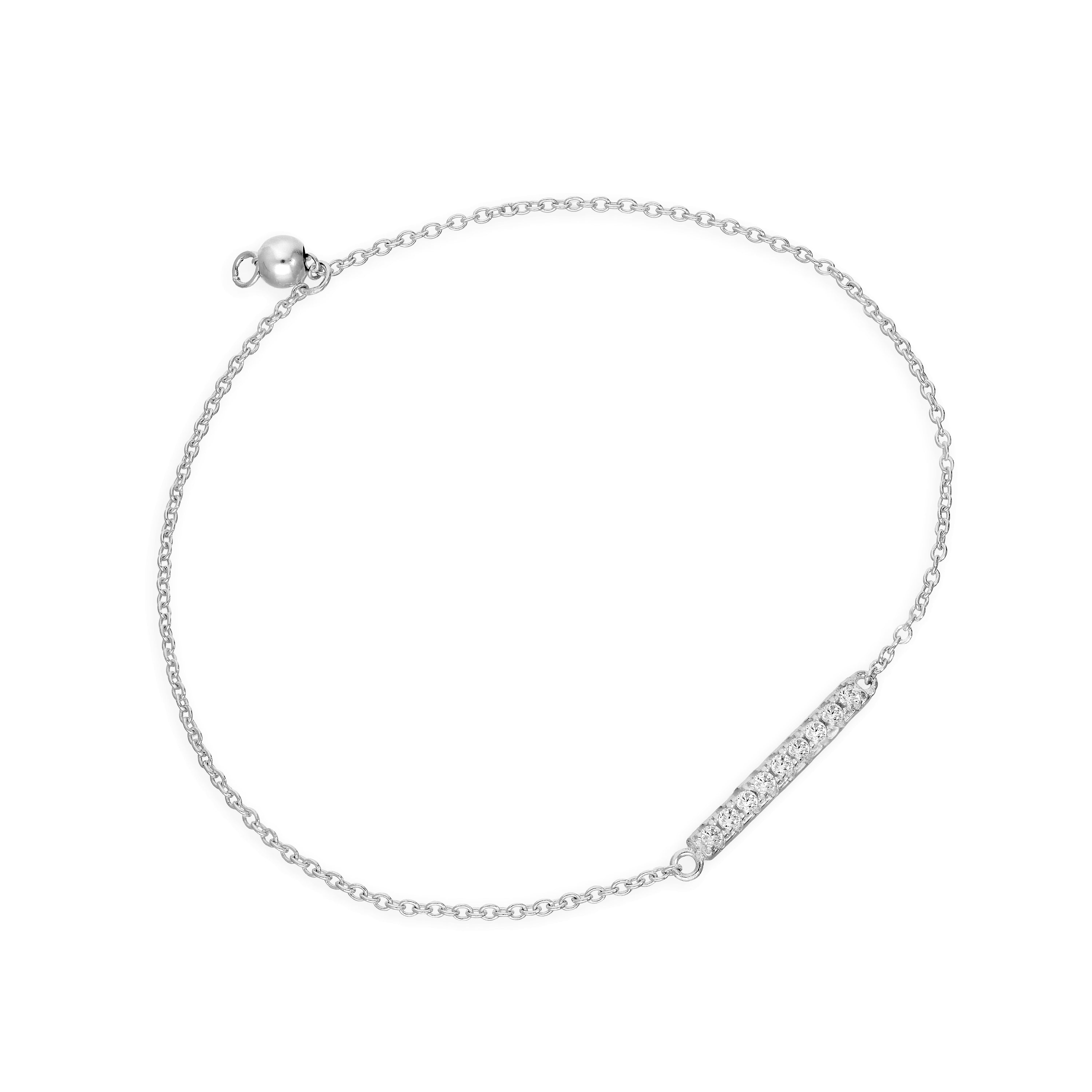 Sterling Silver Adjustable 7 Inch Bracelet w Clear CZ Crystal Bar