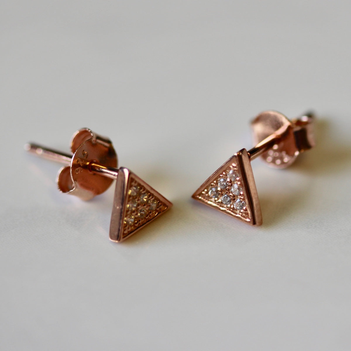 Rose Gold Plated Sterling Silver & Clear CZ Crystal Triangle Stud Earrings