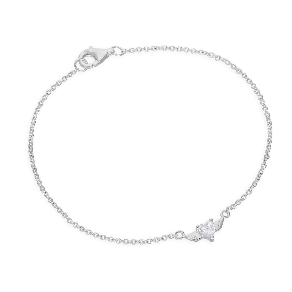 Sterling Silver & Clear CZ Crystal Heart on Wings 7 Inch Bracelet