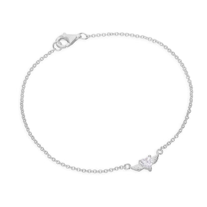 Sterling Silver & Clear CZ Crystal Heart on Wings 7 Inch Bracelet