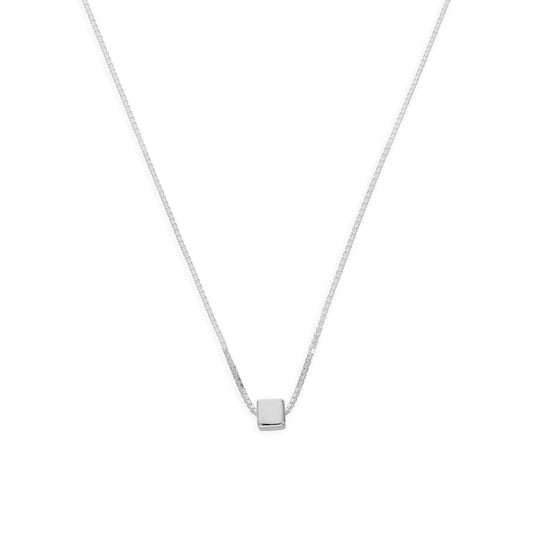 Sterling Silver 18 Inch Box Chain Necklace w Cube Bead