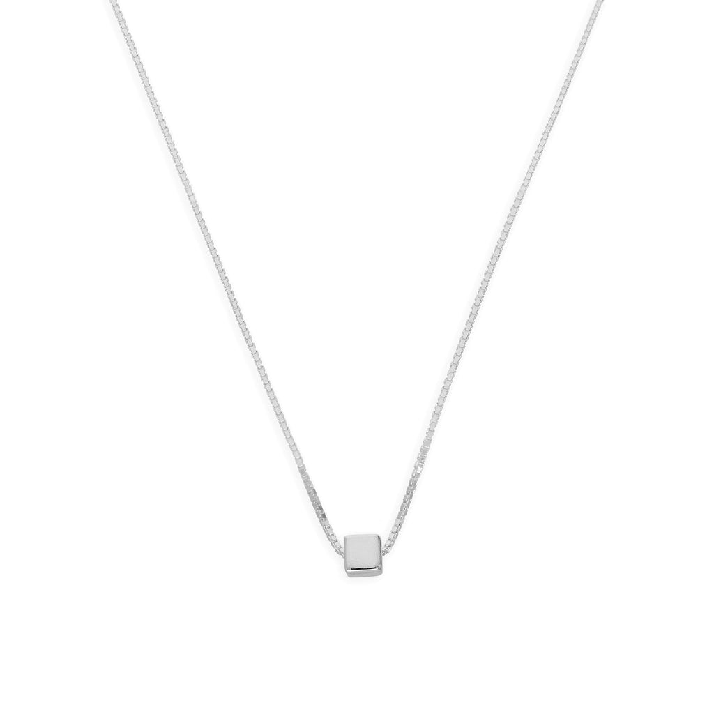 Sterling Silver 18 Inch Box Chain Necklace w Cube Bead