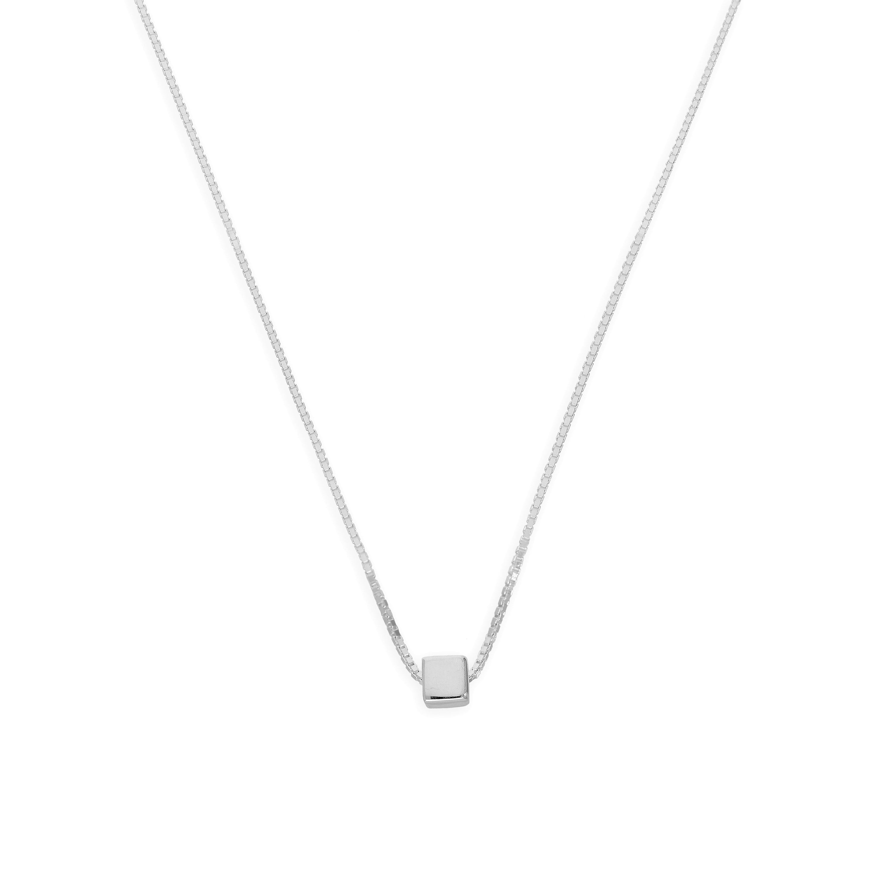 Sterling Silver 18 Inch Box Chain Necklace w Cube Bead