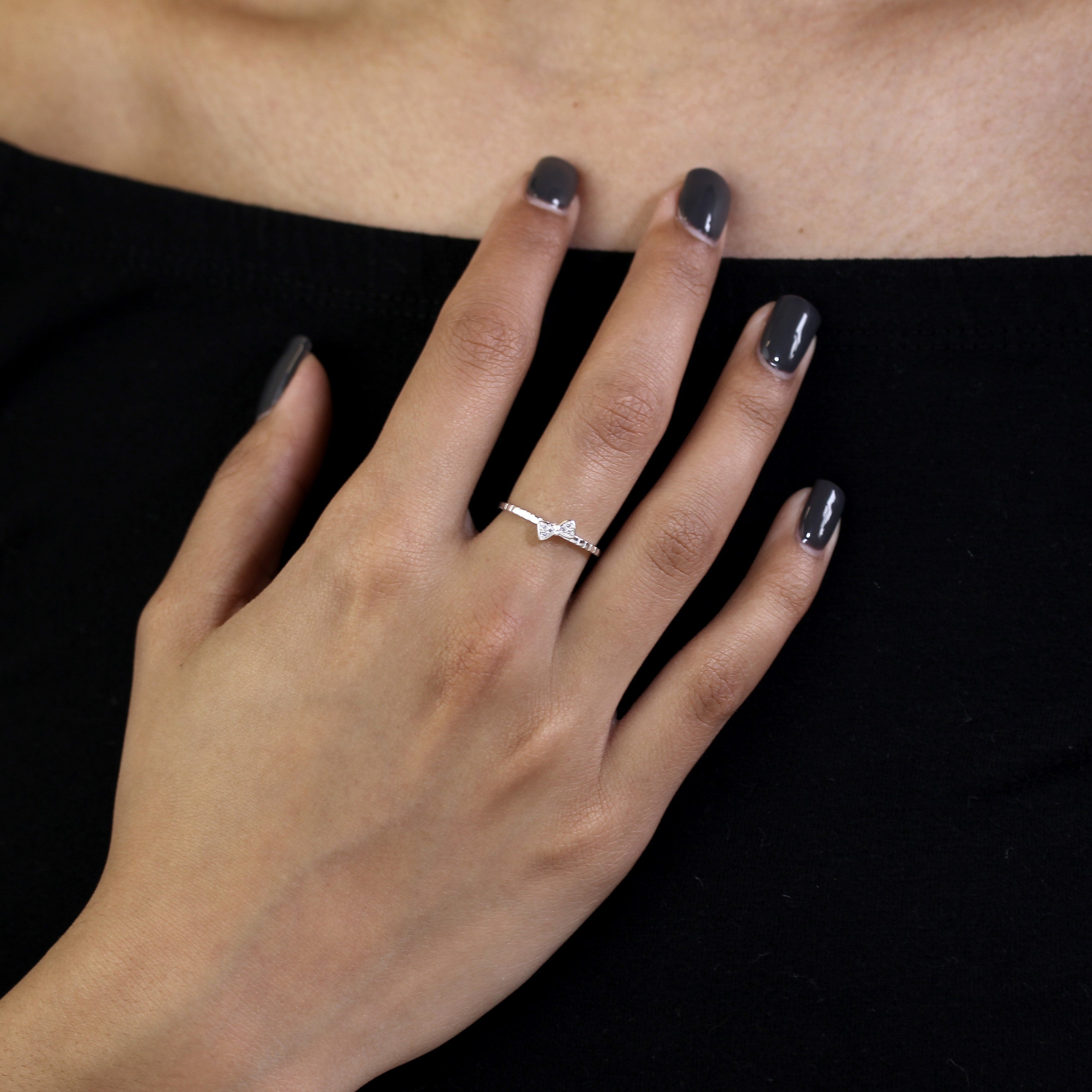 Sterling Silver 1mm Ring with CZ Crystal Bow - Size J - W