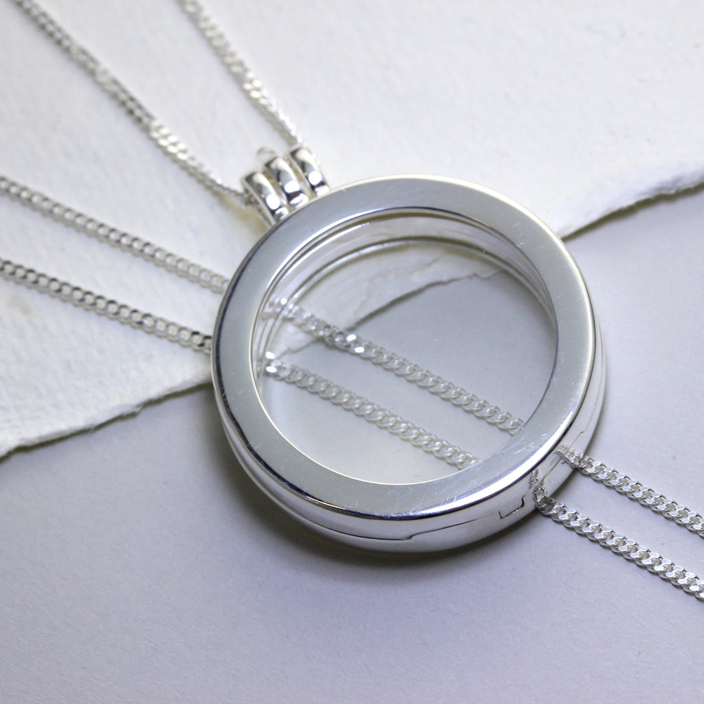 Large Sterling Silver Round Floating Charm Locket on Chain 16 - 24 Inches