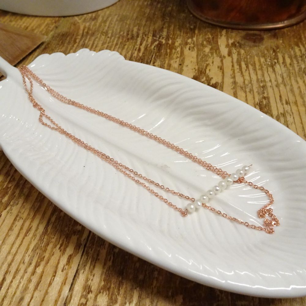 Rose Gold Plated Sterling Silver Double Chain String of Pearls Necklace 15 & 18 Inches