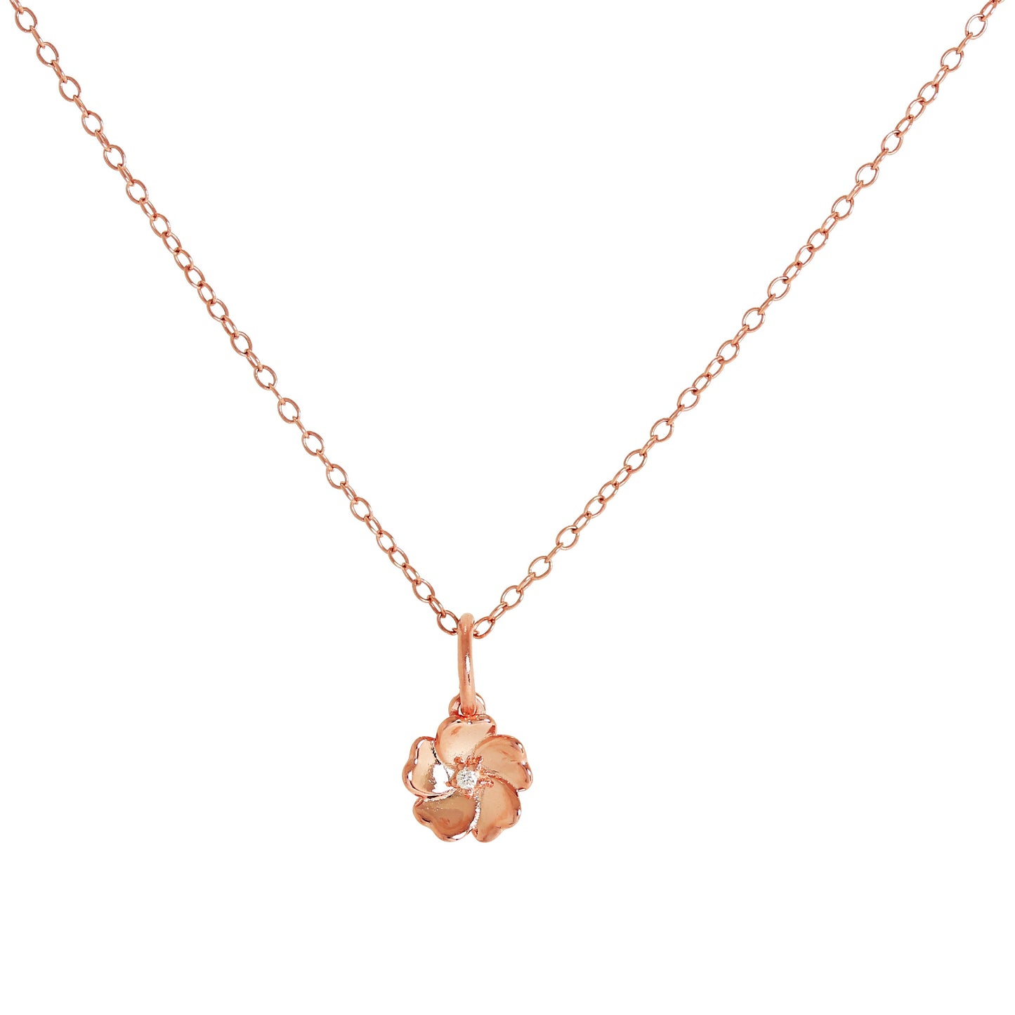 Rose Gold Plated Sterling Silver & Genuine Diamond Flower Necklace