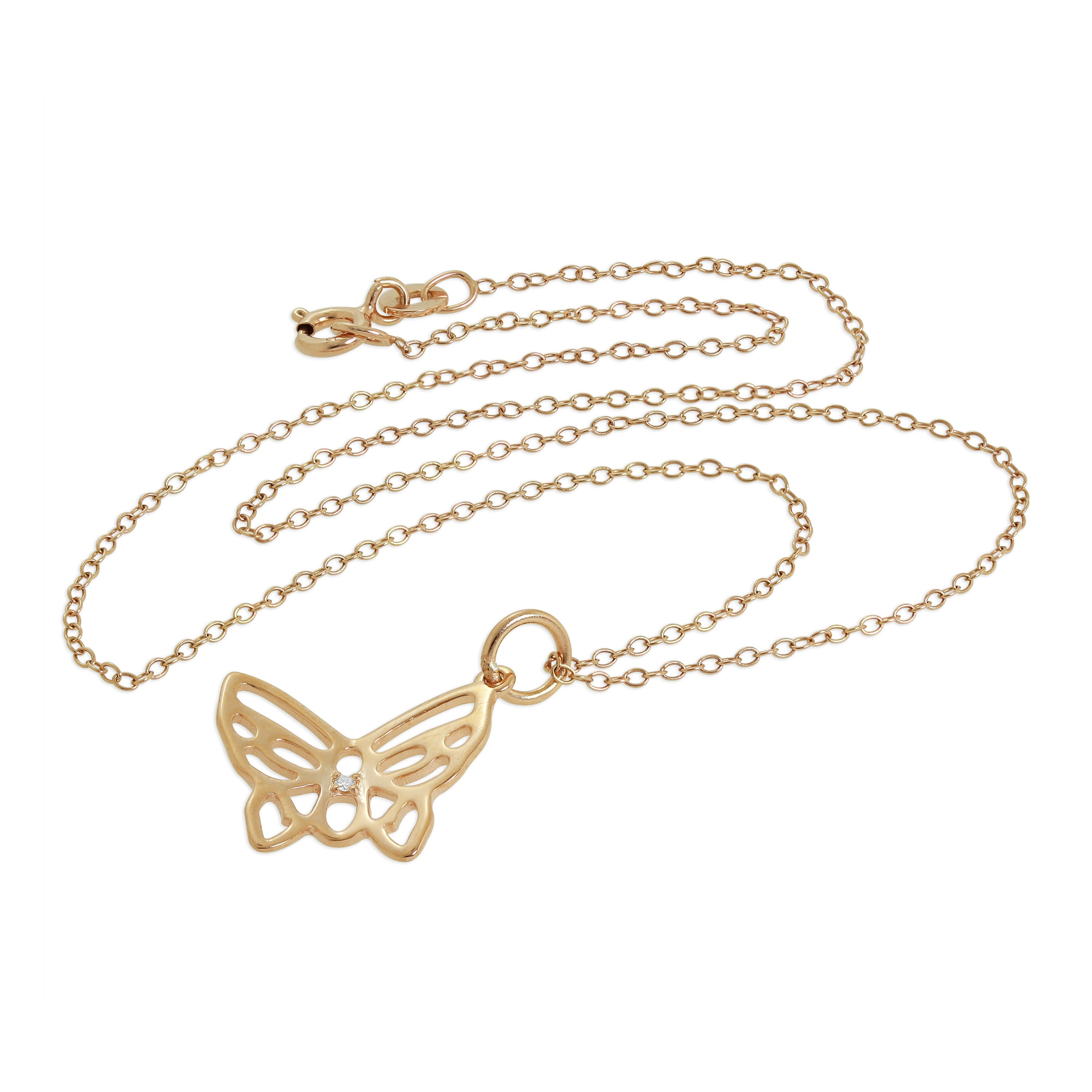 Rose Gold Plated Sterling Silver & Genuine Diamond Open Butterfly Necklace