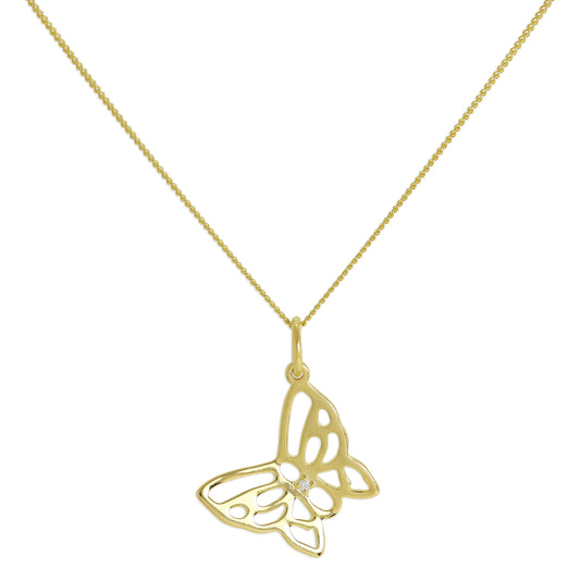 Gold Plated Sterling Silver & Genuine Diamond Open Butterfly Necklace