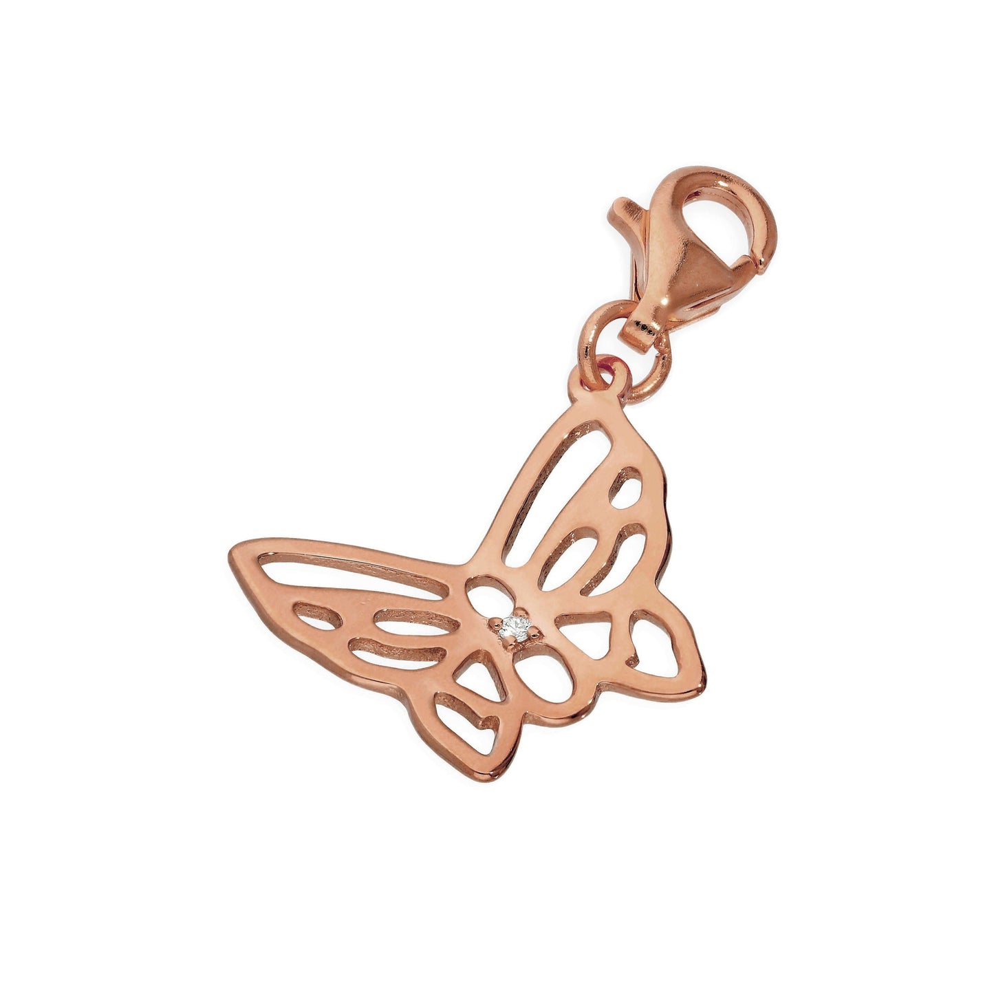 Rose Gold Plated Sterling Silver & Genuine Diamond Open Butterfly Clip on Charm