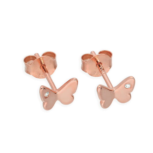 Rose Gold Plated Sterling Silver & Genuine Diamond Butterfly Stud Earrings