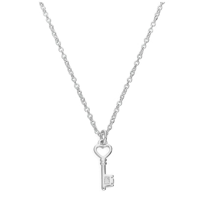 Sterling Silver & Genuine Diamond 18 Inch Heart Key Necklace