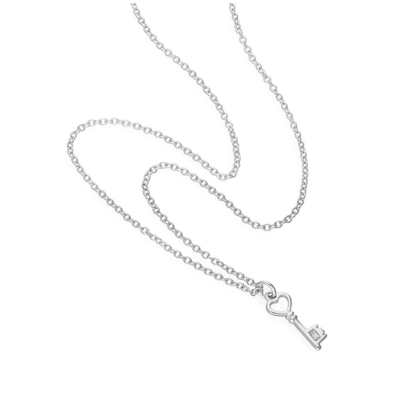Sterling Silver & Genuine Diamond 18 Inch Heart Key Necklace