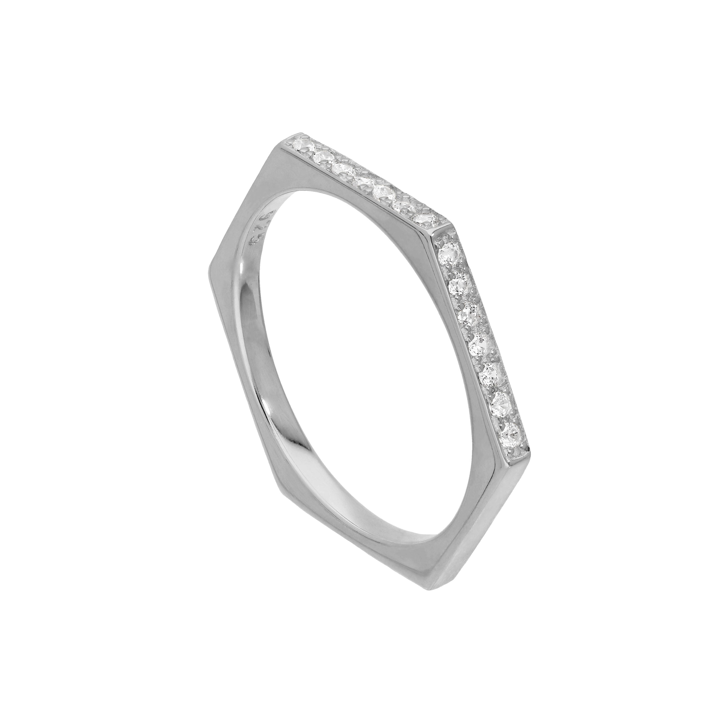 Sterling Silver & Clear CZ Crystals Hexagon Ring Size O
