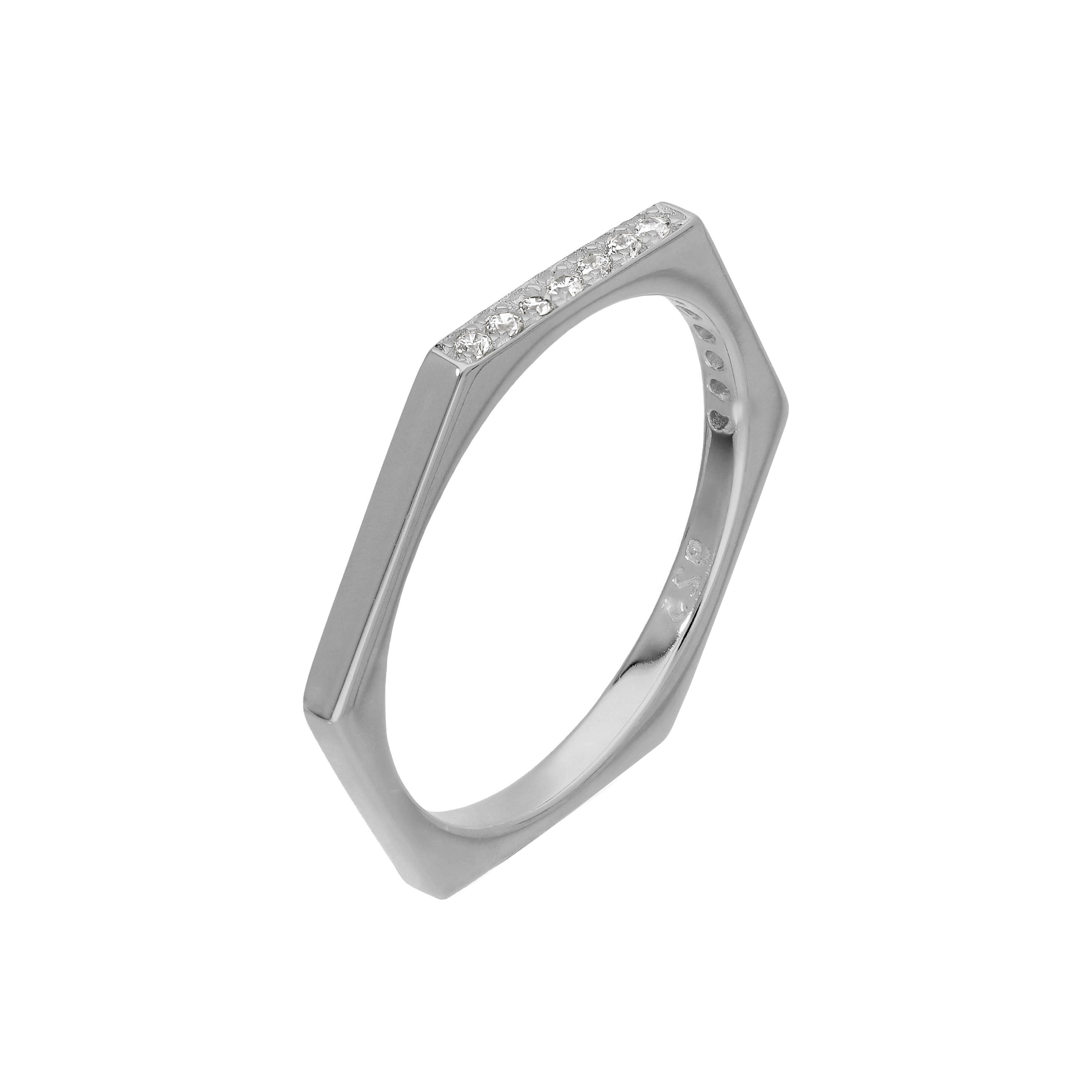 Sterling Silver & Clear CZ Crystals Hexagon Ring Size O