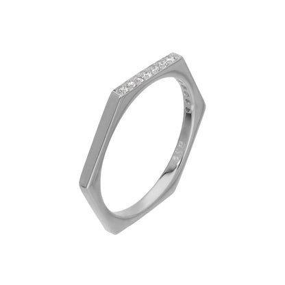 Sterling Silver & Clear CZ Crystals Hexagon Ring Size O