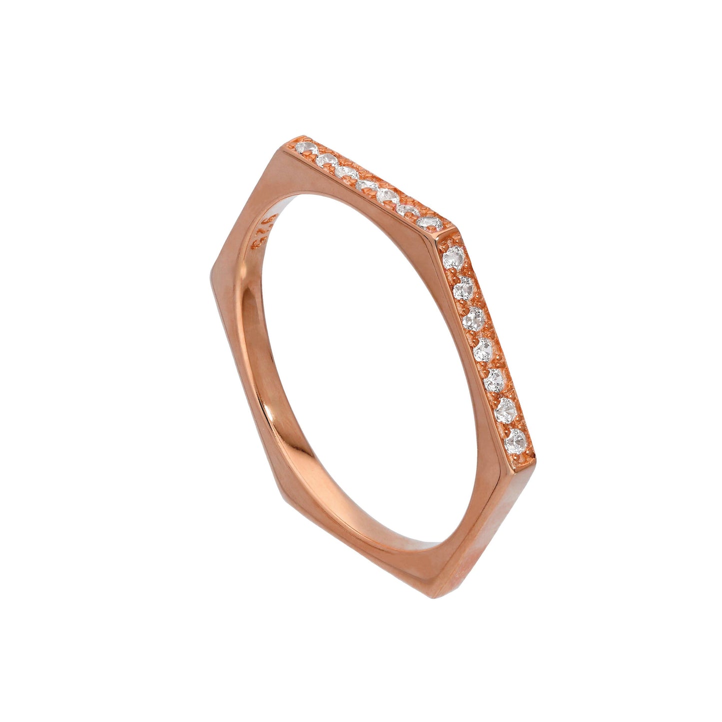 Rose Gold Plated Sterling Silver & Clear CZ Crystals Hexagon Ring Size O