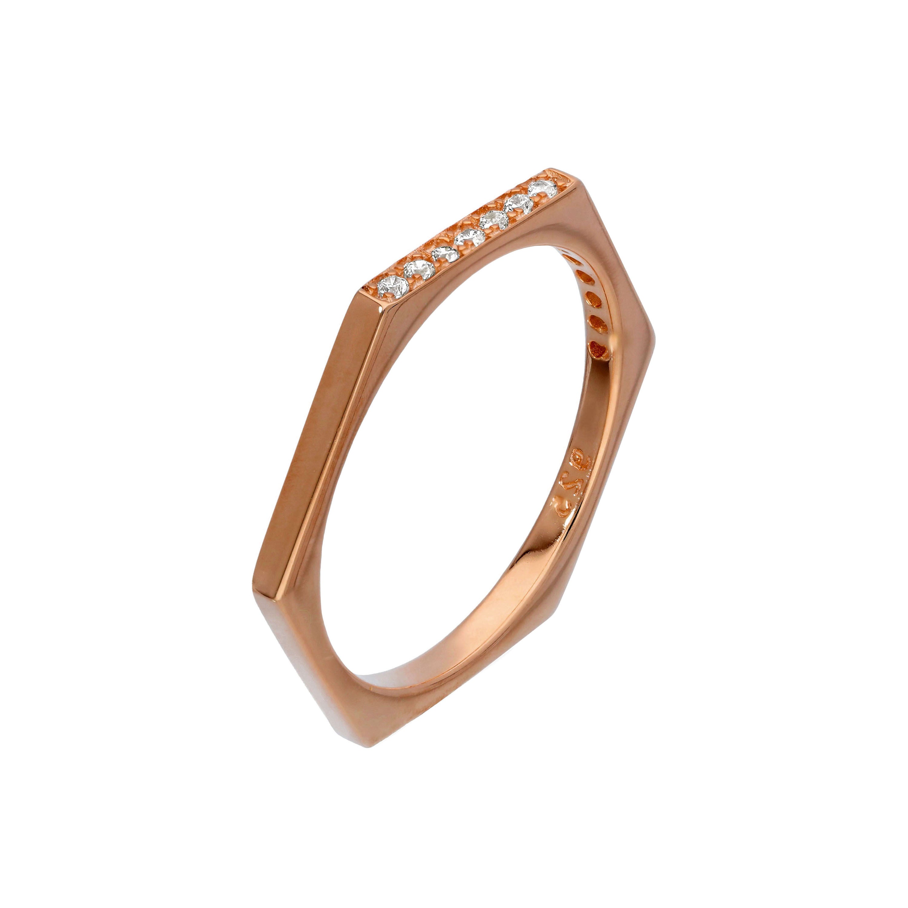 Rose Gold Plated Sterling Silver & Clear CZ Crystals Hexagon Ring Size O