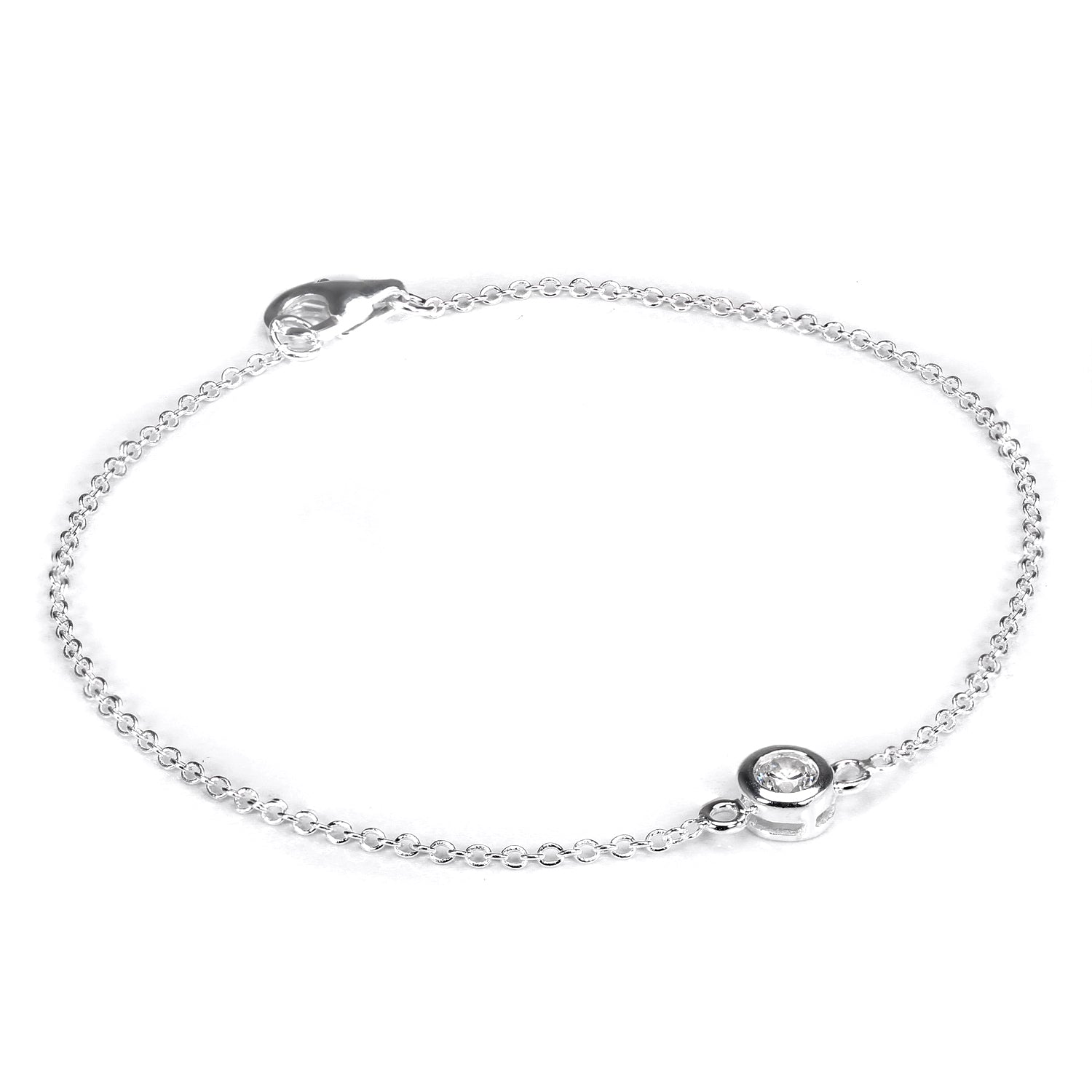 Sterling Silver Fine Belcher Bracelet with Round CZ Crystal & Clasp