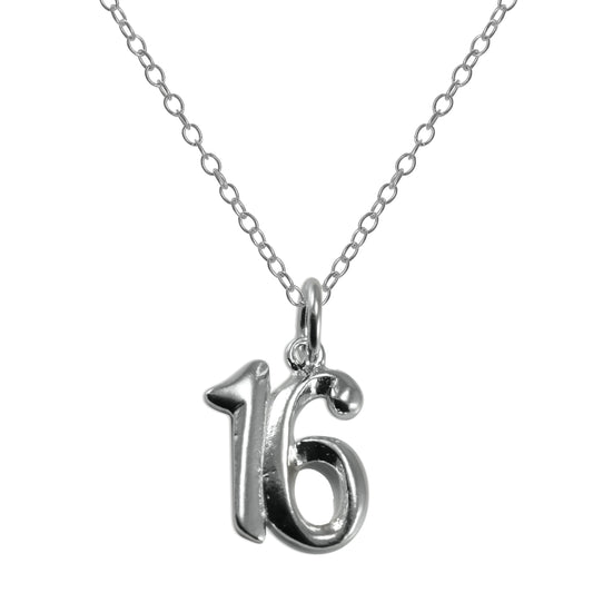 Sterling Silver 16th Birthday Number Pendant Necklace 14 - 22 Inches