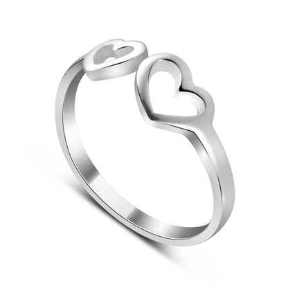 Sterling Silver Adjustable Double Open Heart Midi Ring
