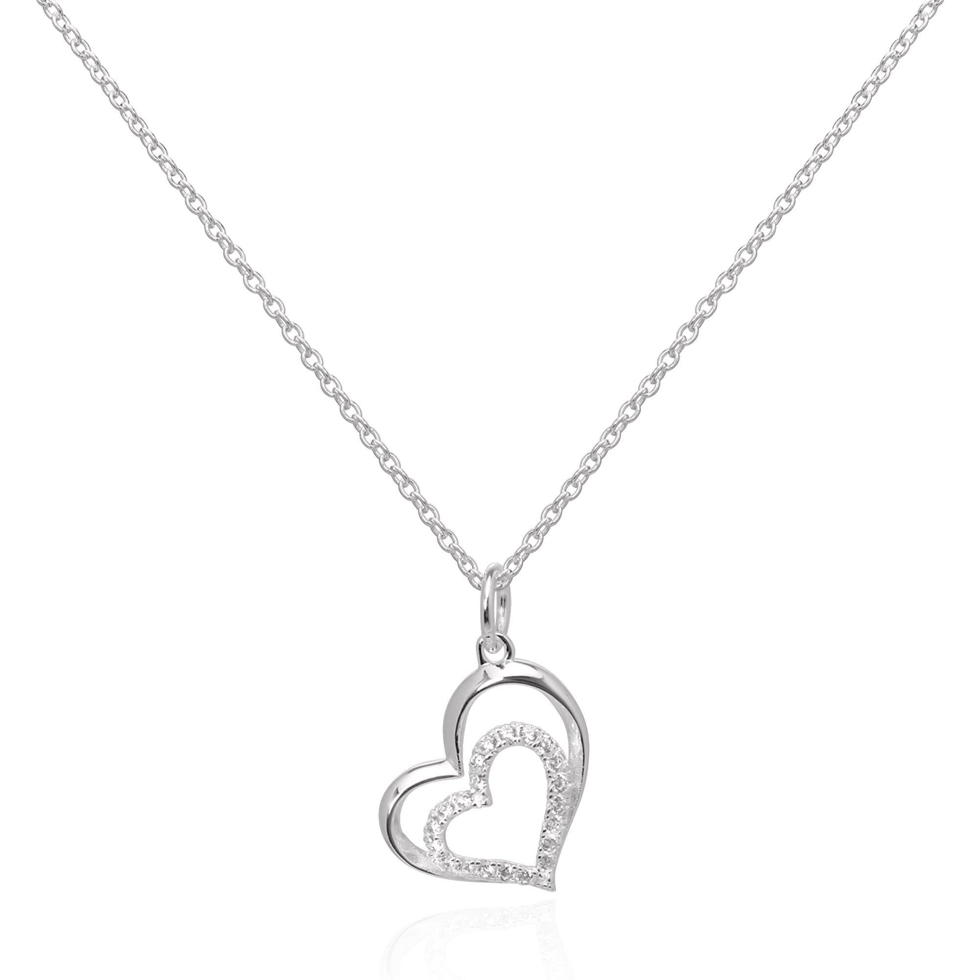 Sterling Silver & CZ Crystal Double Open Heart Pendant Necklace 16 - 22 Inches