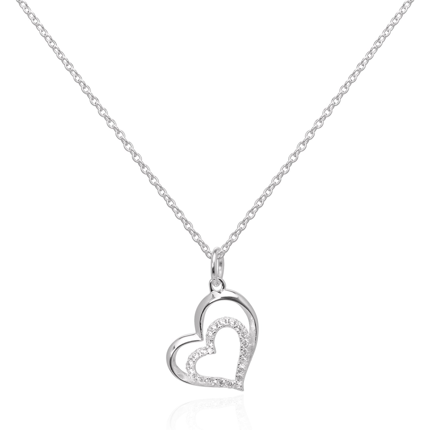 Sterling Silver & CZ Crystal Double Open Heart Pendant Necklace 16 - 22 Inches