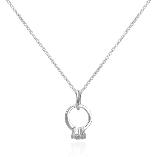 Sterling Silver & CZ Crystal Engagement Ring Pendant Necklace 16 - 22 Inches