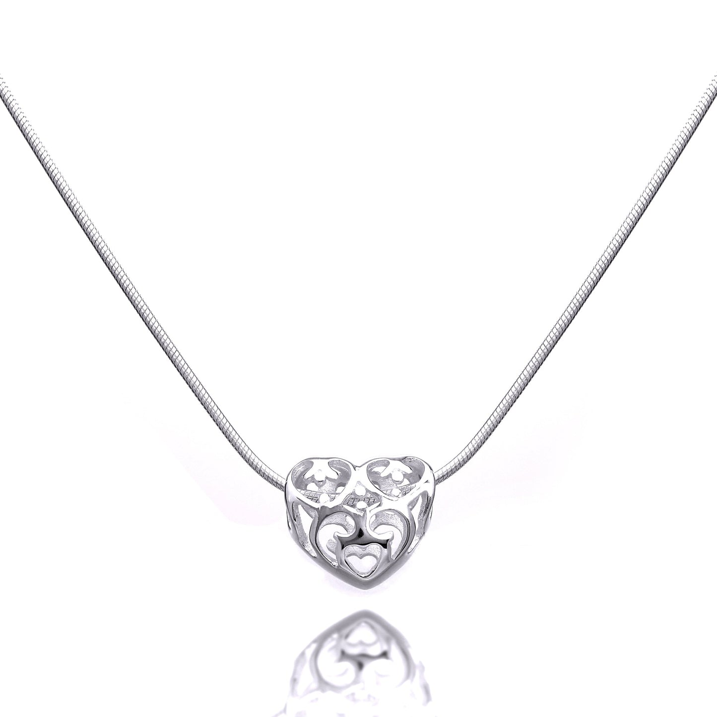 Sterling Silver Open Heart Bead Necklace 1mm Snake Chain