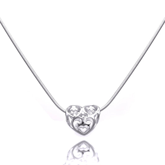 Sterling Silver Open Heart Bead Necklace 1mm Snake Chain