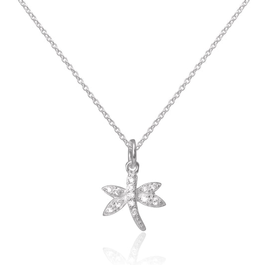 Sterling Silver CZ Crystal Encrusted Dragonfly Pendant Necklace 16 - 22 Inches