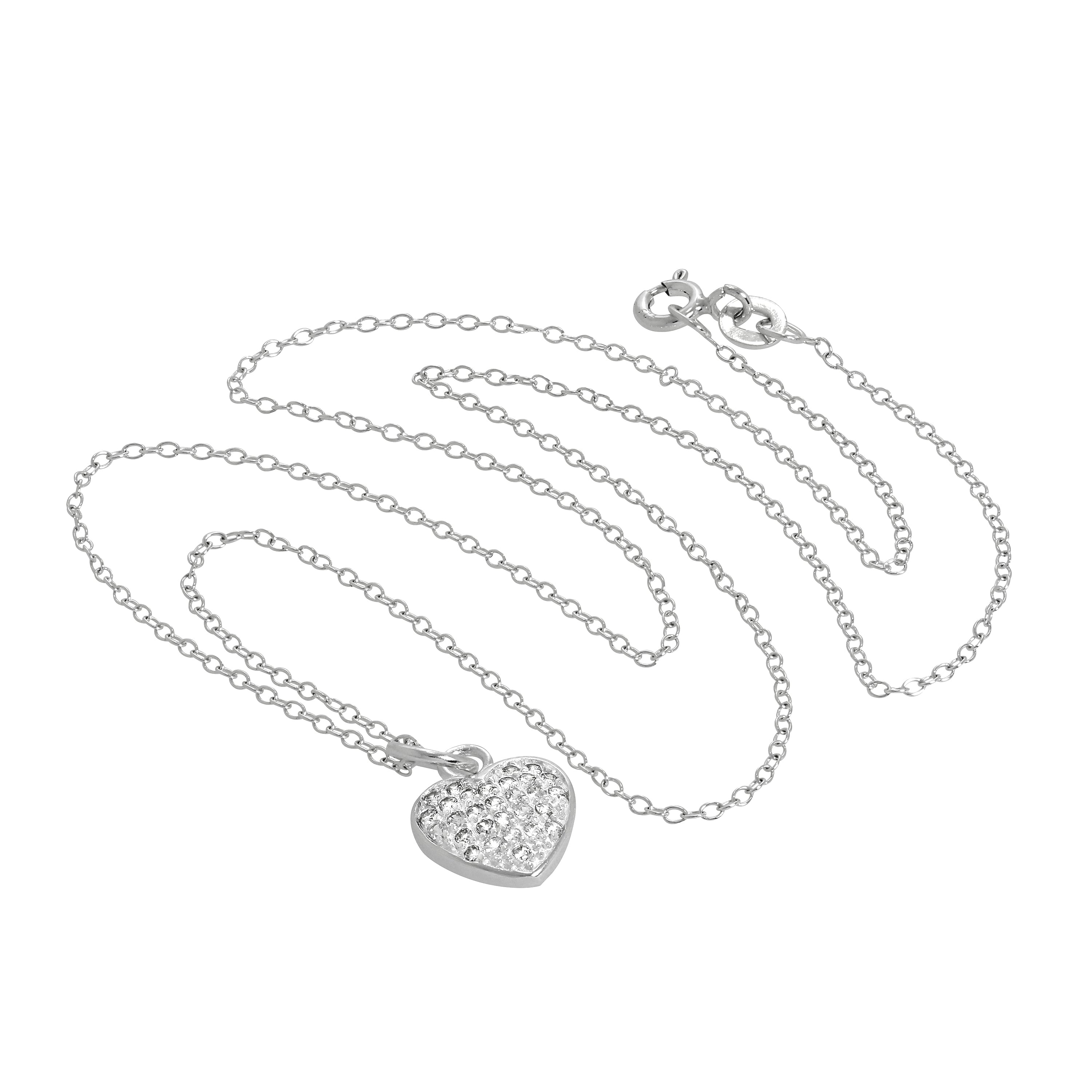Sterling Silver & CZ Crystal Encrusted Heart Pendant Necklace 14 - 32 Inches