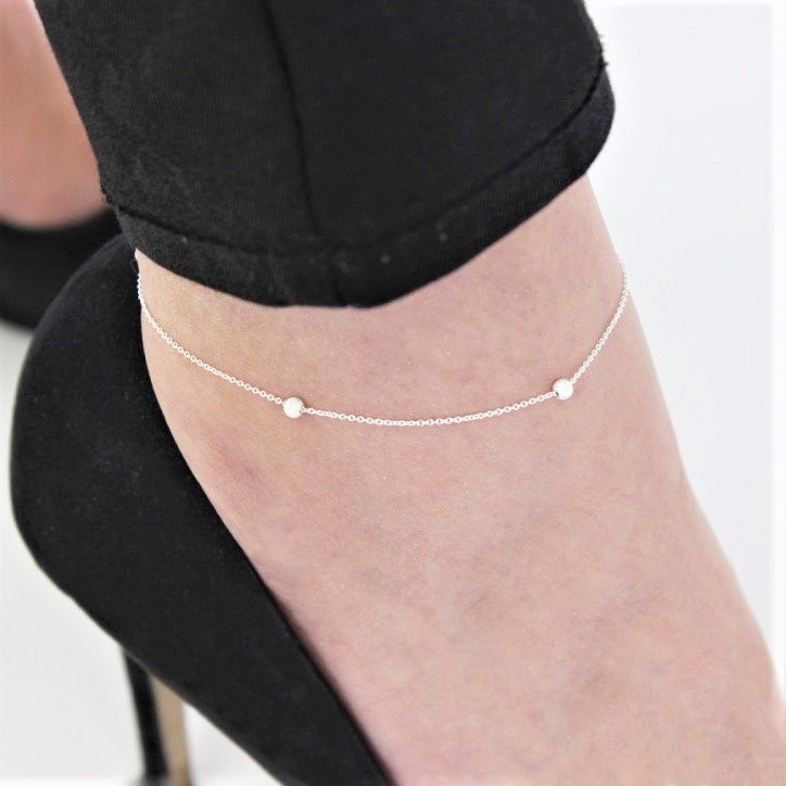 Sterling Silver Belcher Chain Anklet with 3 Frosted Beads