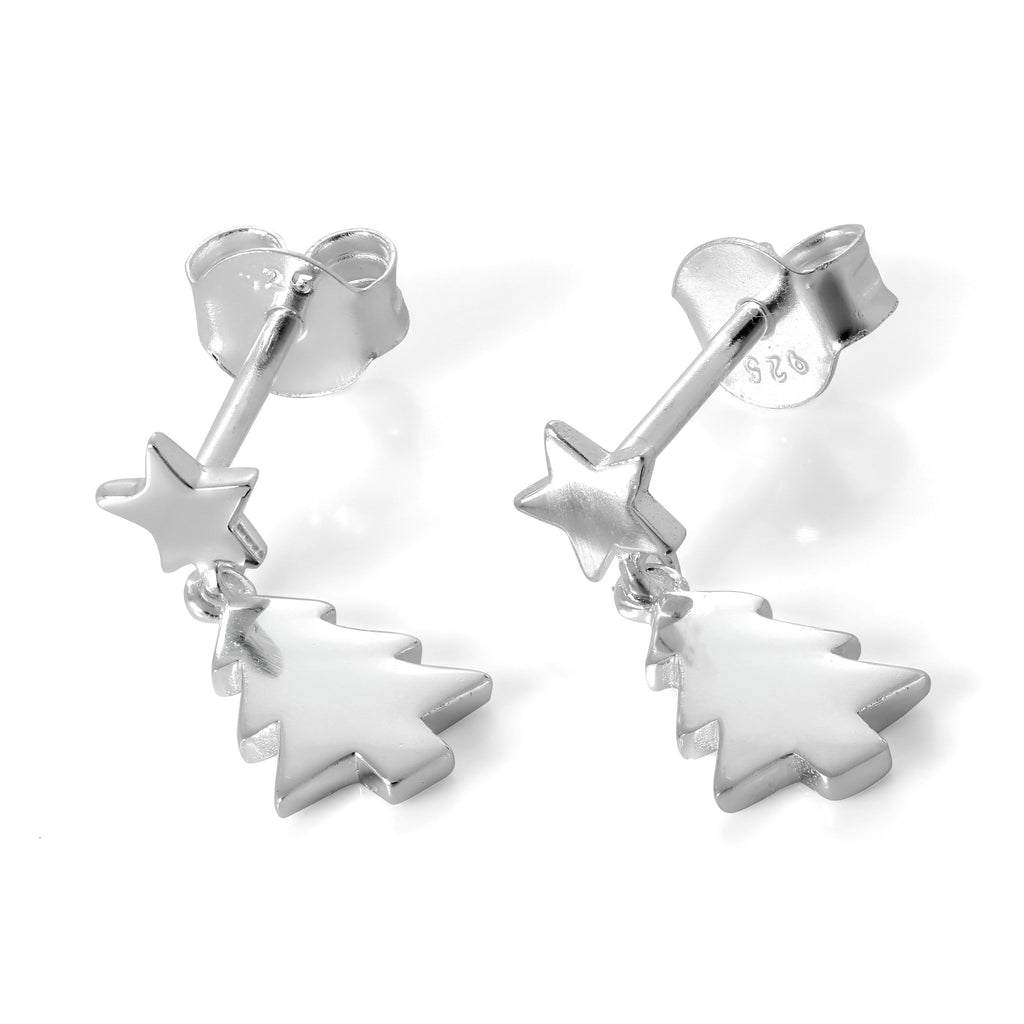 Sterling Silver Christmas Tree & Star Dangle Stud Earrings