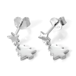 Sterling Silver Christmas Tree & Star Dangle Stud Earrings