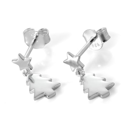 Sterling Silver Christmas Tree & Star Dangle Stud Earrings
