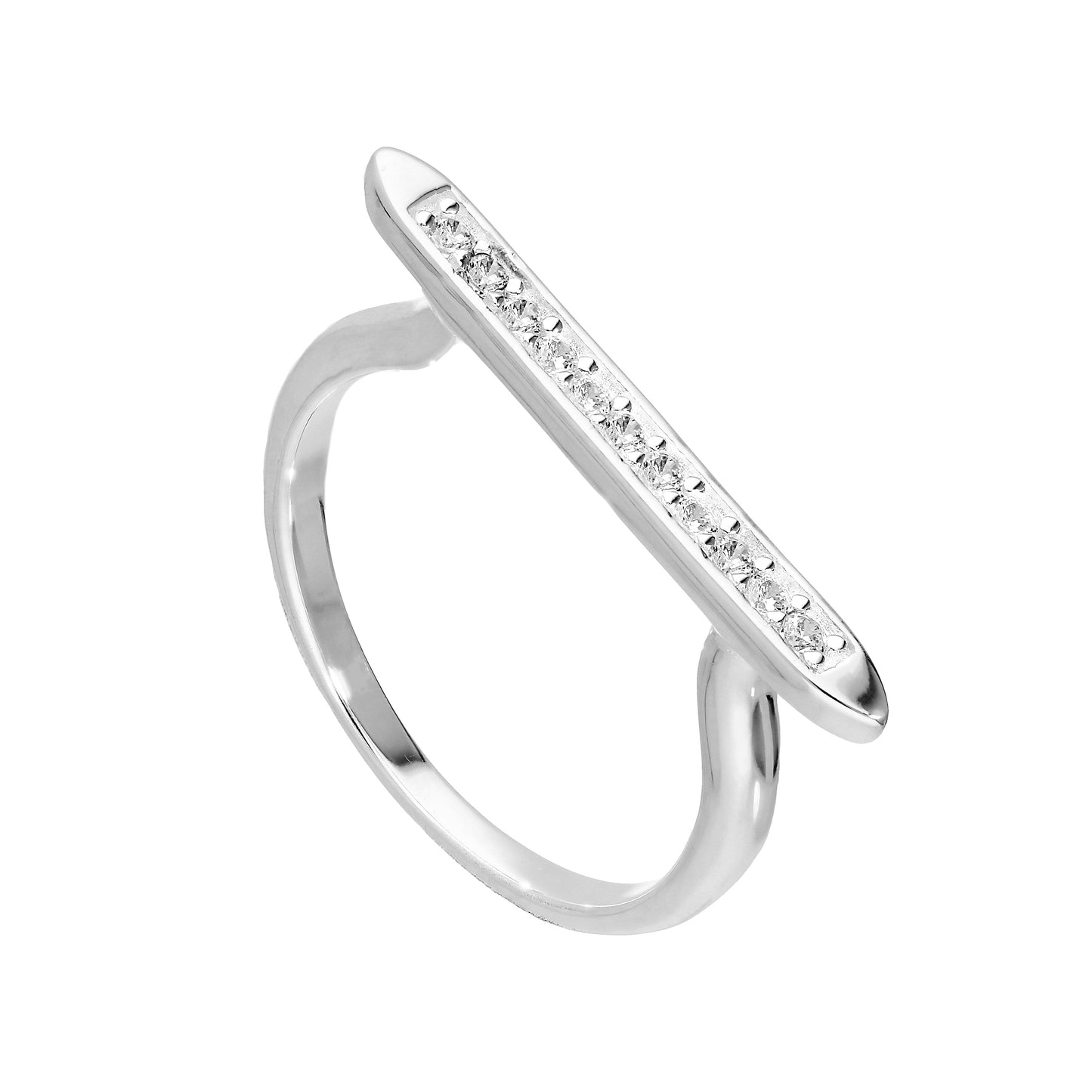 Sterling Silver & Clear CZ Crystal Long Bar Ring Size I - U