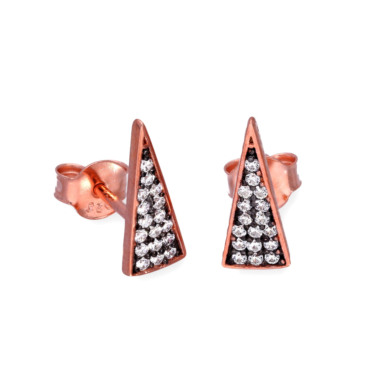 Rose Gold Plated Sterling Silver & Clear CZ Crystal Spike Triangle Stud Earrings