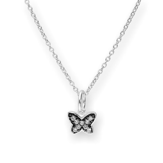 Sterling Silver & CZ Crystal Butterfly w Black Rhodium Necklace 16 - 22 Inches