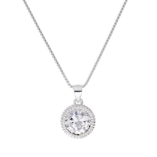 Sterling Silver Large Round Clear CZ Beaded Set Pendant Necklace 16 - 22 Inches