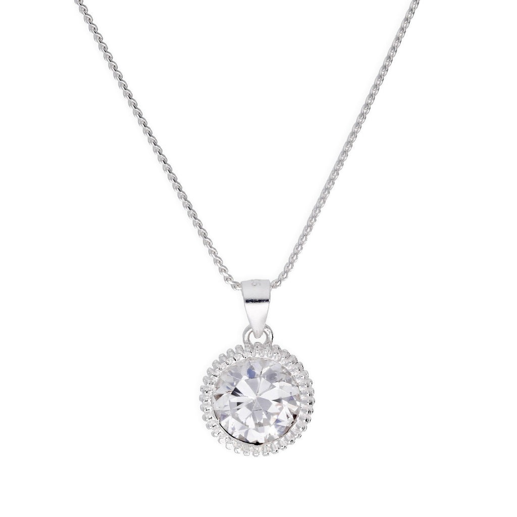 Sterling Silver Large Round Clear CZ Beaded Set Pendant Necklace 14 - 28 Inches