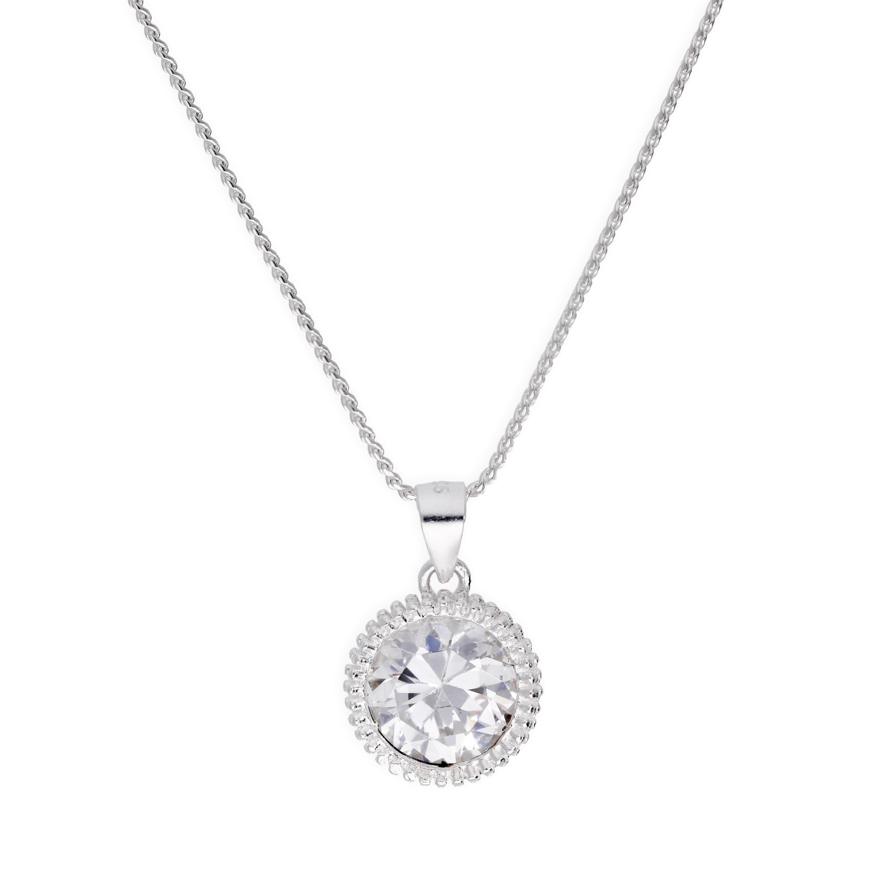 Sterling Silver Large Round Clear CZ Beaded Set Pendant Necklace 14 - 28 Inches