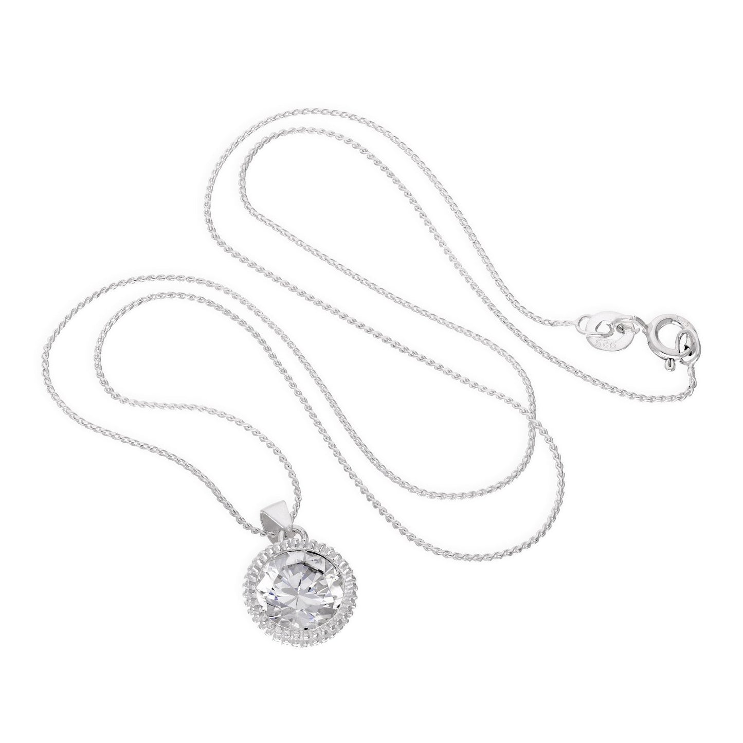 Sterling Silver Large Round Clear CZ Beaded Set Pendant Necklace 16 - 22 Inches